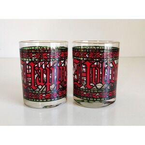 Houze "Happy Holidays Stained Glass Tumblers Set 2 Old Fashion Glasses Christmas